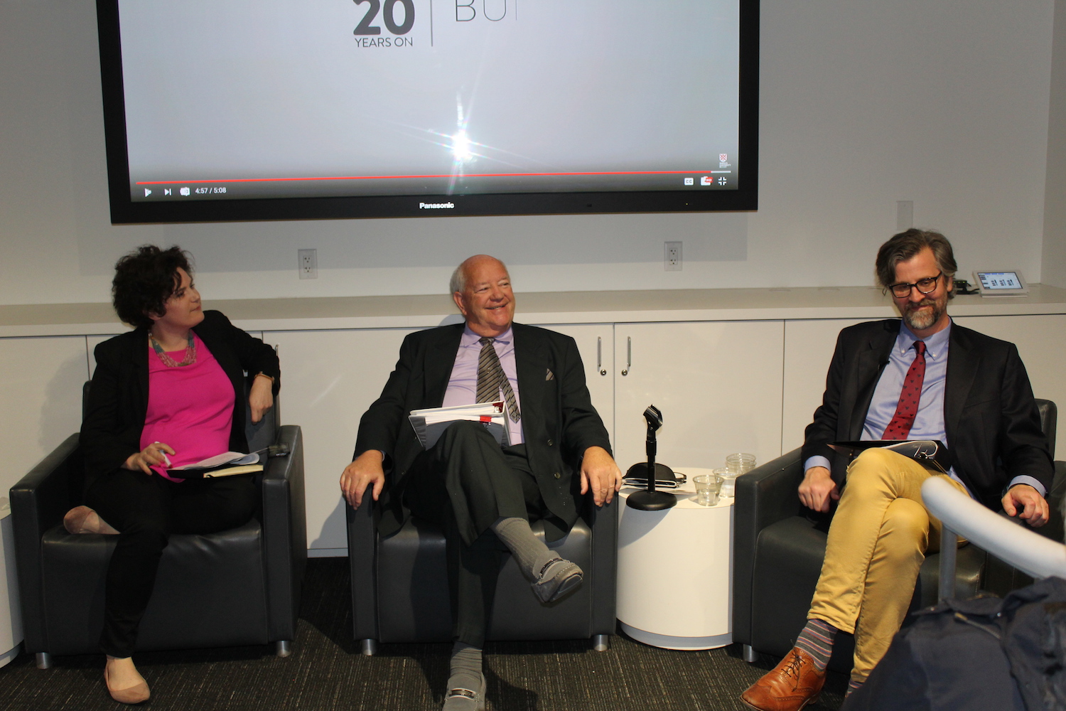 Claire, Finbar, and Dermot during the panel discussion of the 2018 Good Friday Agreement Commemoration